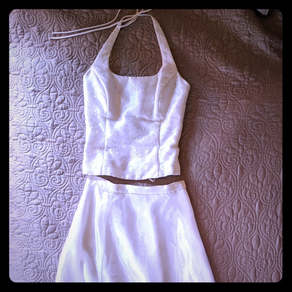 White prom wedding dress 2 piece halter sequins